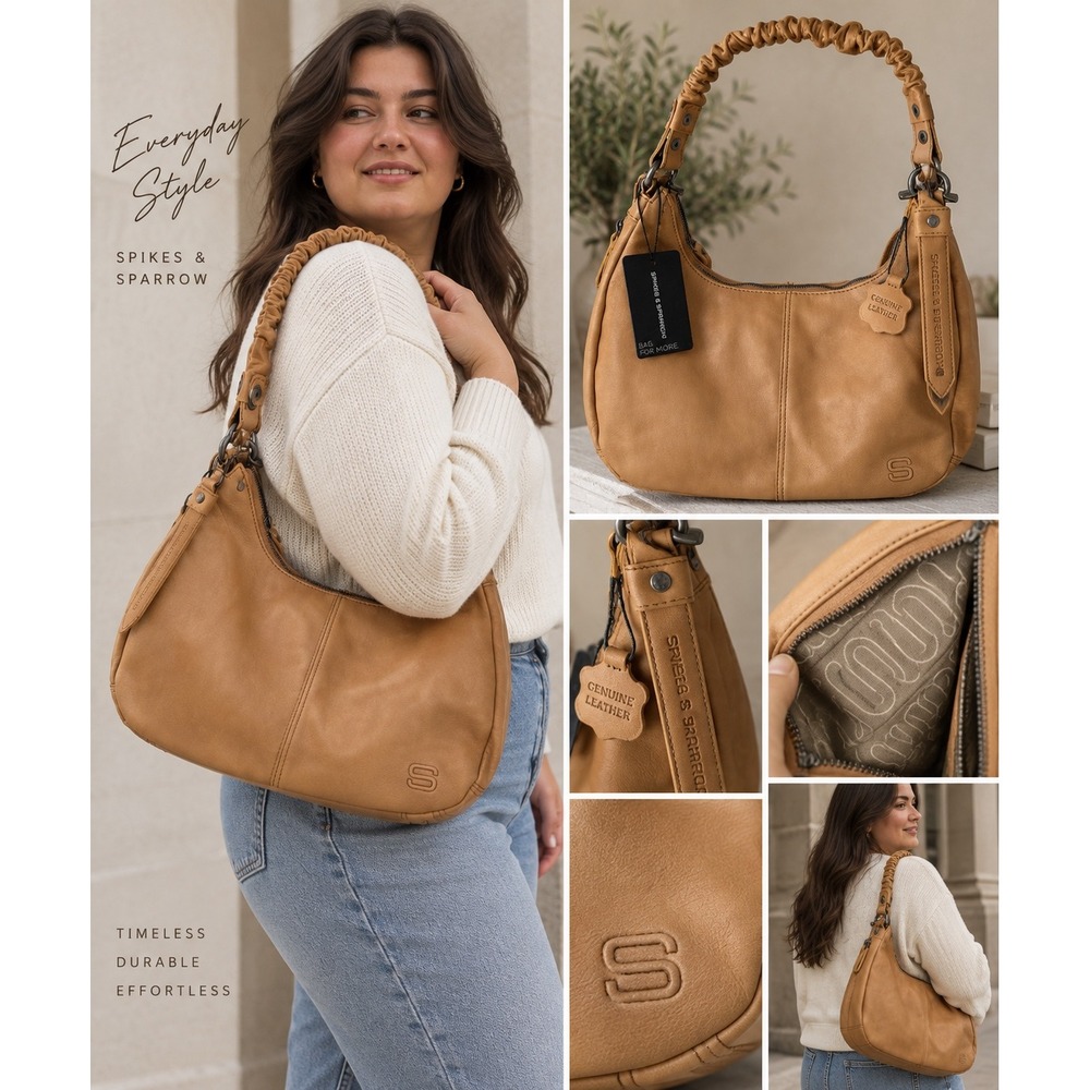 Spikes & Sparrow Hobo Bag Women Medium Tan New Leather Ruched Handle Crossbody